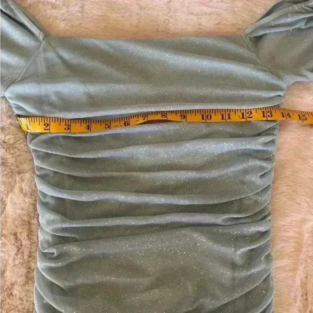 Jump Apparel Glitter Square Neck Ruched Long Sleeve W/ Ties At Hemline Dress M - Picture 5 of 10